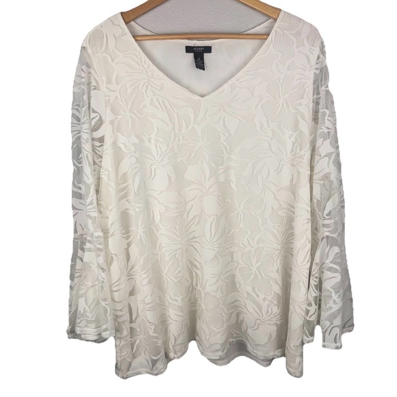 Alfani Tops - Alfani Women’s 3X Ivory Sheer Lace Floral Blouse‎ Bell Sleeves V-Neck Coquette